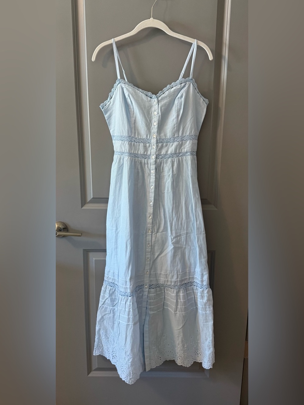 GAP Light Blue Button-Front Lace Trim Maxi Dress